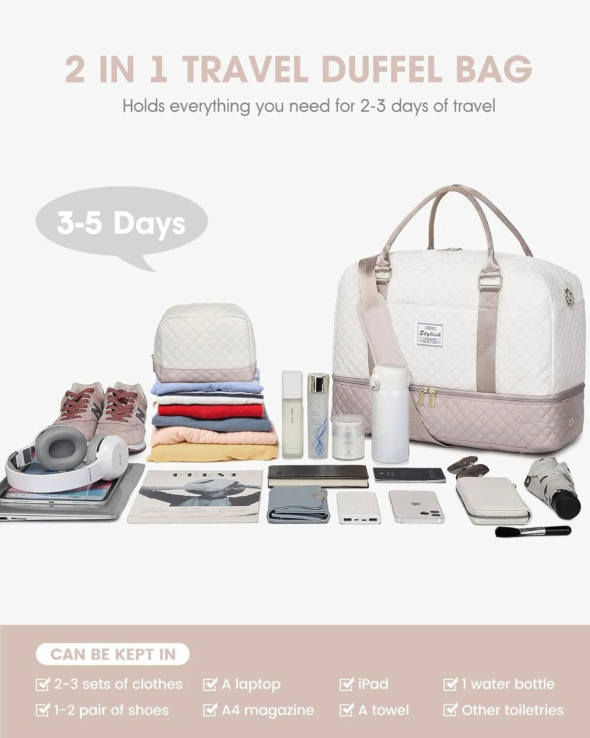 Travel Duffle Bag Weekender for Women: Travel Duffel Bag Carry-On Overnight Bag with Shoe Compartment & Wet Pocket Large Weekend Tote Bag with Toiletry Bags Gym Duffel Bag for Hospital Beige