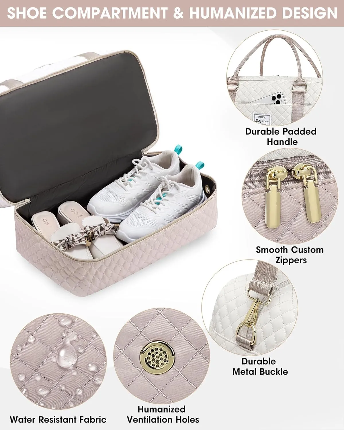 Travel Duffle Bag Weekender for Women: Travel Duffel Bag Carry-On Overnight Bag with Shoe Compartment & Wet Pocket Large Weekend Tote Bag with Toiletry Bags Gym Duffel Bag for Hospital Beige