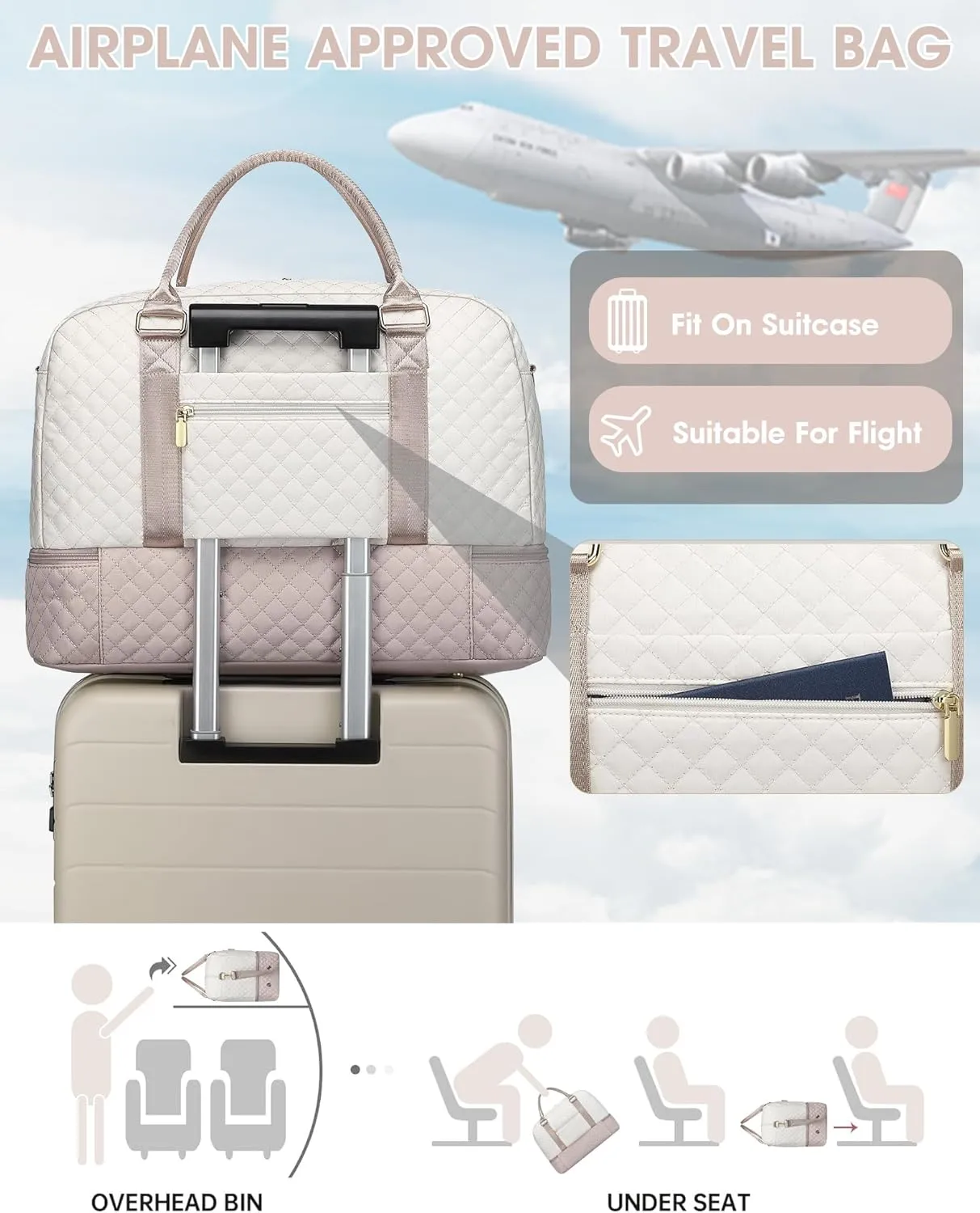 Travel Duffle Bag Weekender for Women: Travel Duffel Bag Carry-On Overnight Bag with Shoe Compartment & Wet Pocket Large Weekend Tote Bag with Toiletry Bags Gym Duffel Bag for Hospital Beige