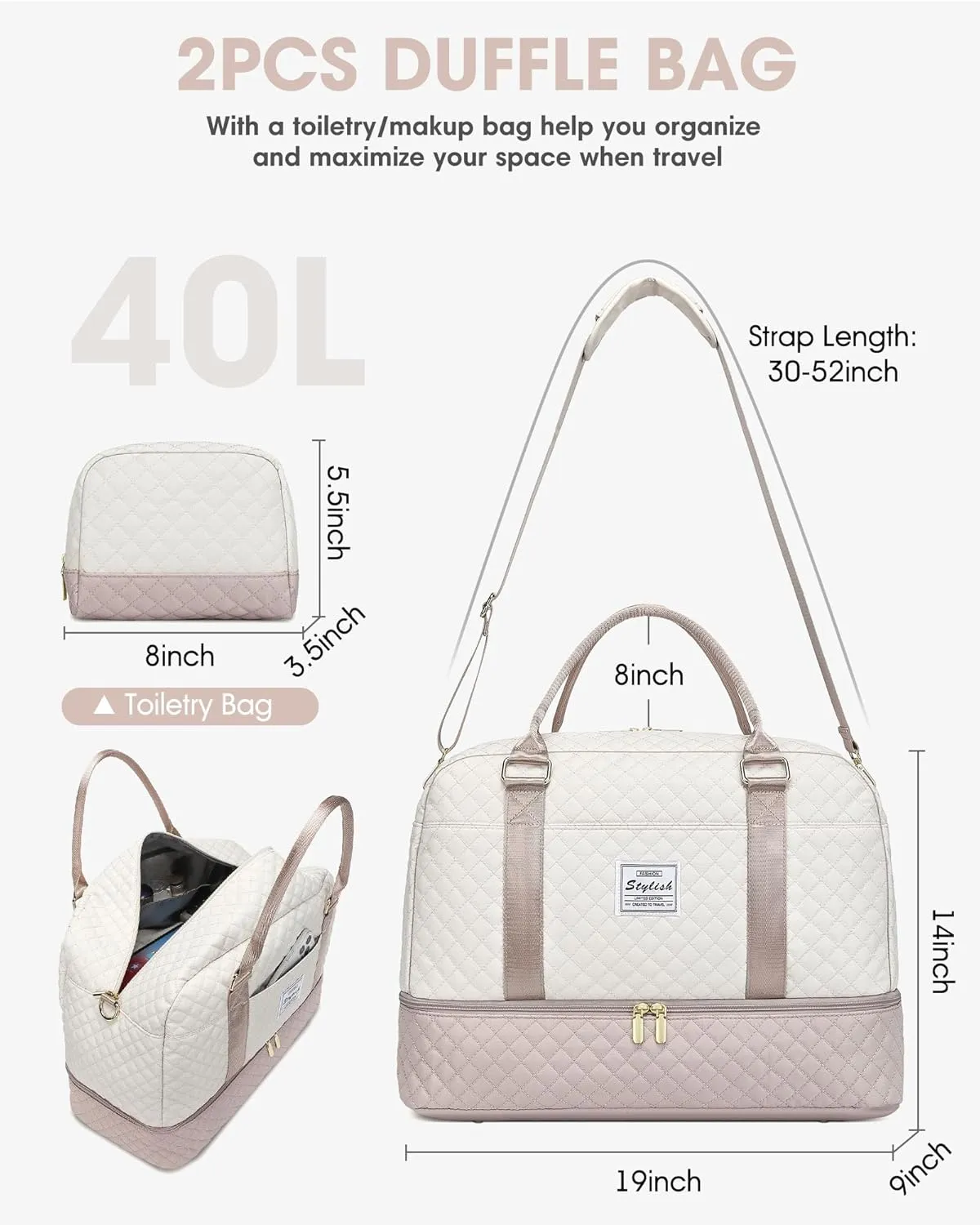 Travel Duffle Bag Weekender for Women: Travel Duffel Bag Carry-On Overnight Bag with Shoe Compartment & Wet Pocket Large Weekend Tote Bag with Toiletry Bags Gym Duffel Bag for Hospital Beige