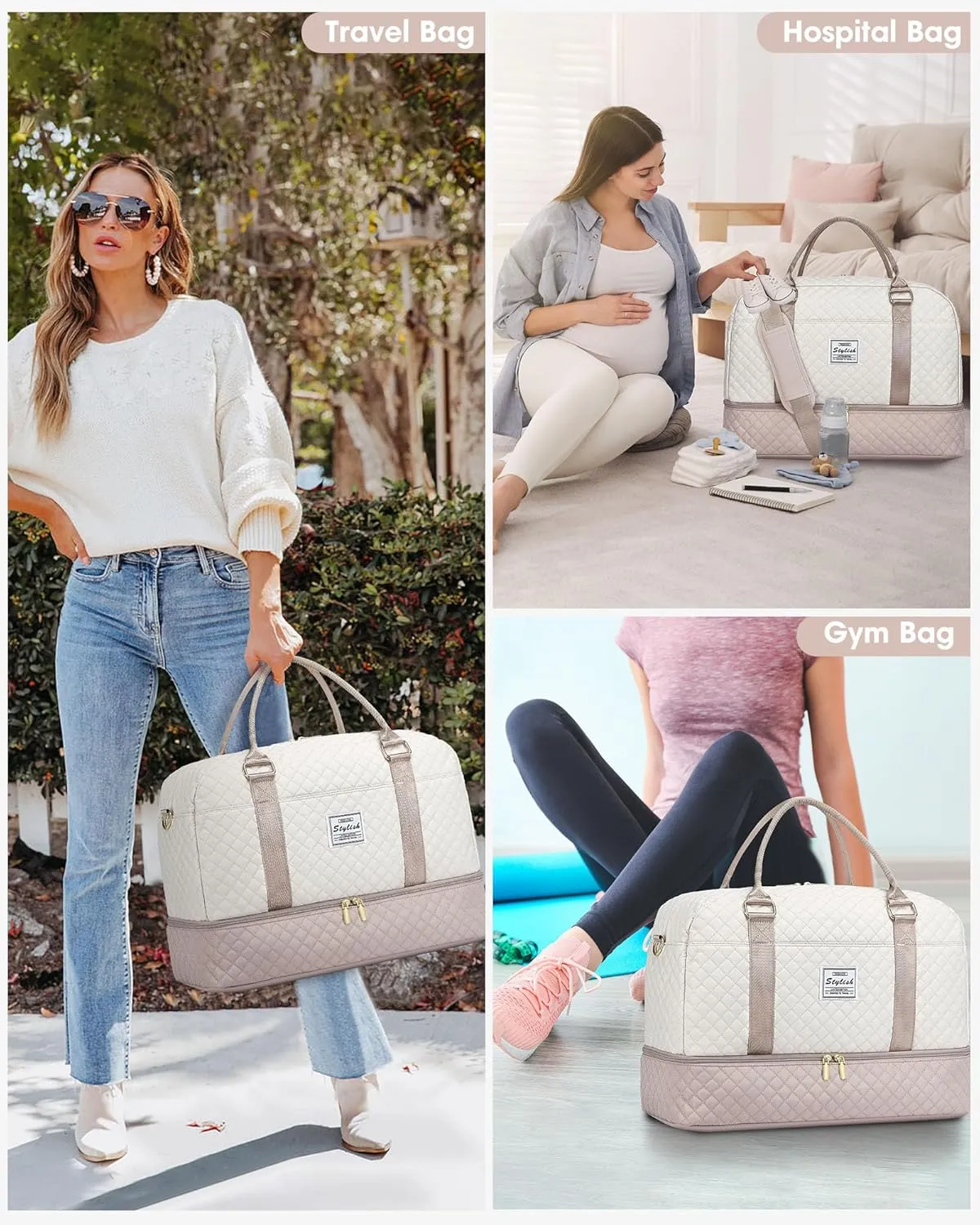 Travel Duffle Bag Weekender for Women: Travel Duffel Bag Carry-On Overnight Bag with Shoe Compartment & Wet Pocket Large Weekend Tote Bag with Toiletry Bags Gym Duffel Bag for Hospital Beige