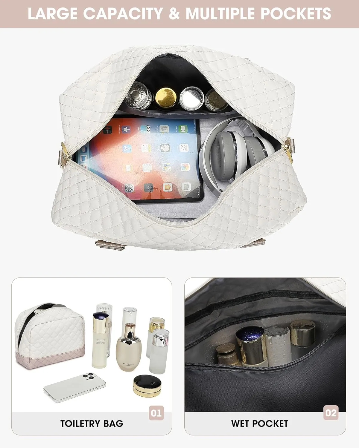 Travel Duffle Bag Weekender for Women: Travel Duffel Bag Carry-On Overnight Bag with Shoe Compartment & Wet Pocket Large Weekend Tote Bag with Toiletry Bags Gym Duffel Bag for Hospital Beige