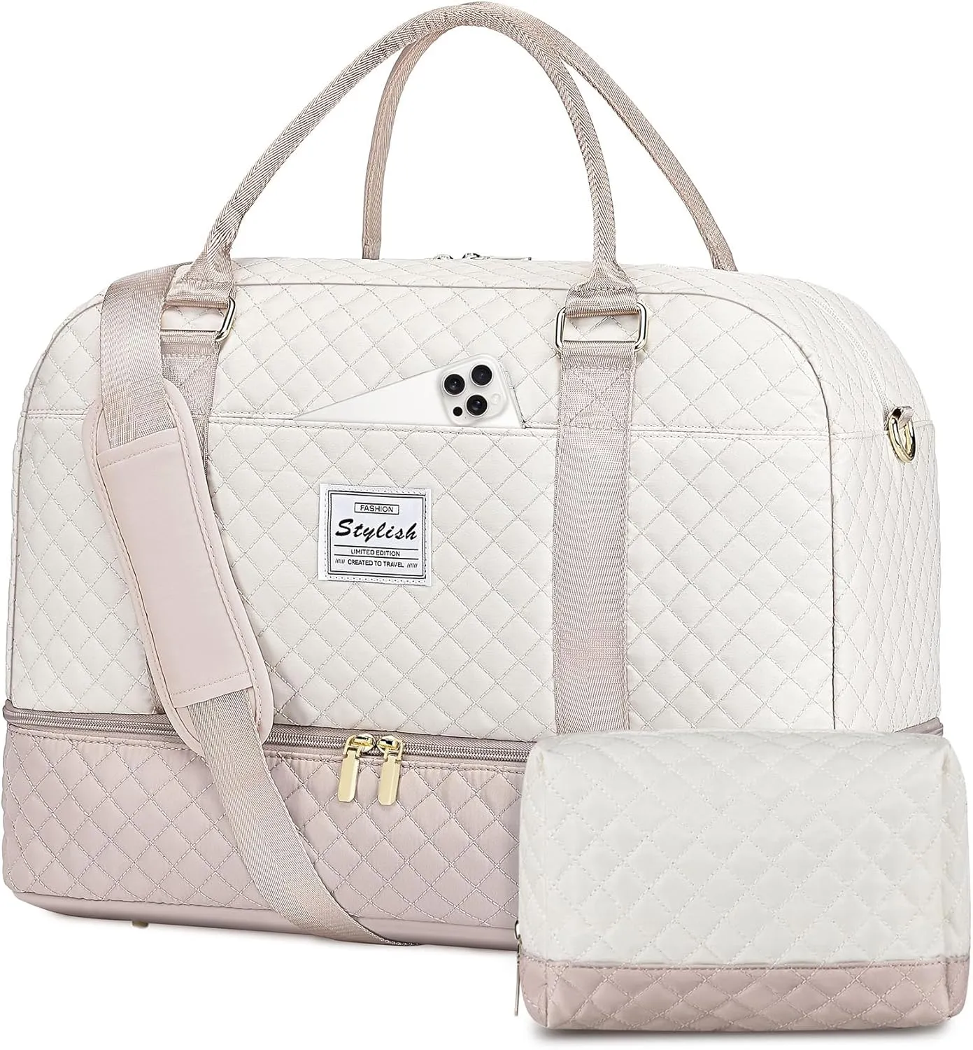 Travel Duffle Bag Weekender for Women: Travel Duffel Bag Carry-On Overnight Bag with Shoe Compartment & Wet Pocket Large Weekend Tote Bag with Toiletry Bags Gym Duffel Bag for Hospital Beige