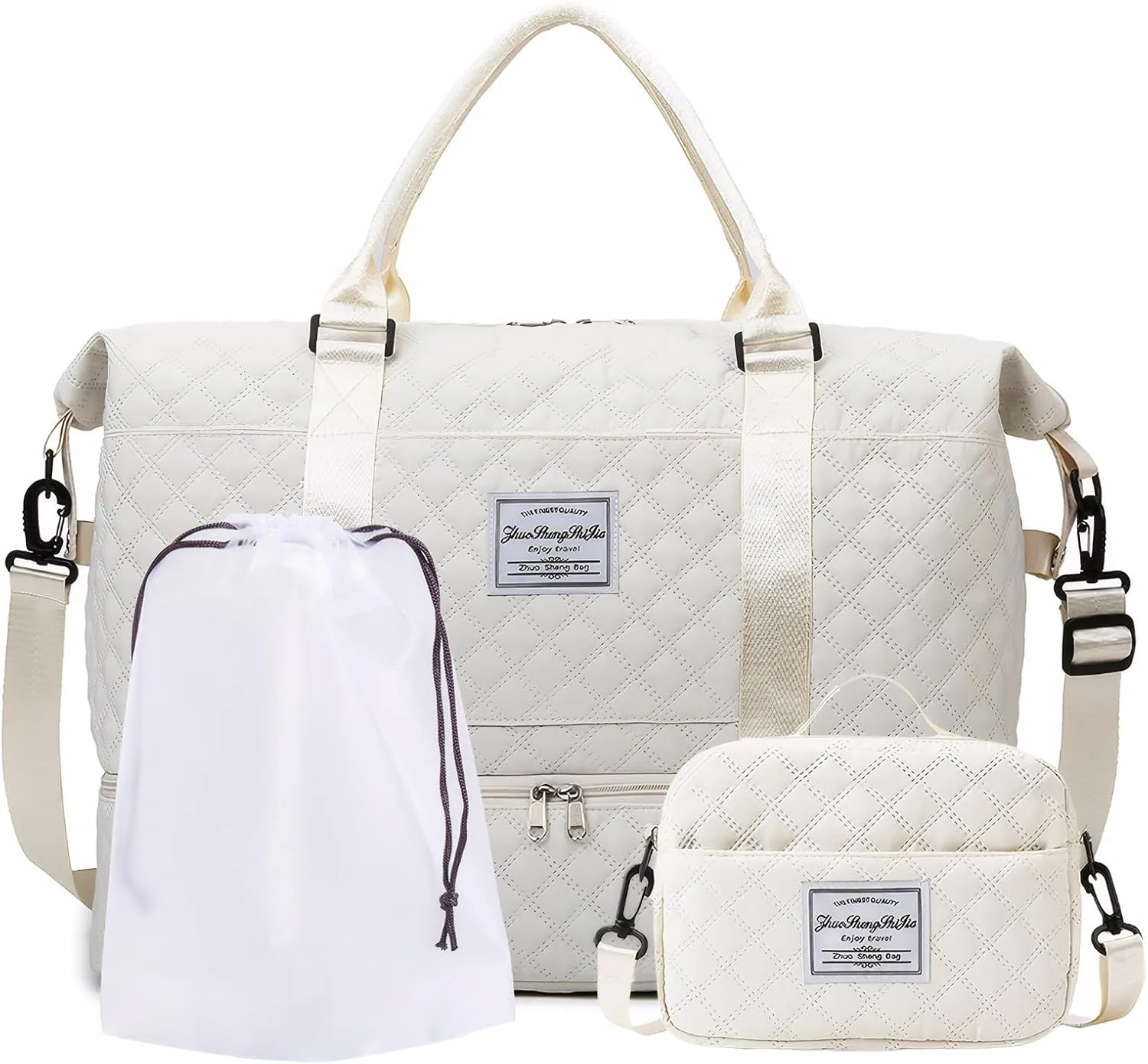 Travel Duffle Bag,Weekender Bags for Women with Shoe Compartment，Carry on Overnight Bag with Toiletry Bag,Gym Duffel Bag with Wet Pocket, Hospital Bags for Labor and Delivery (Beige-Large-3 Pcs)