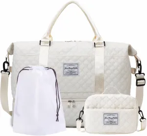 Travel Duffle Bag,Weekender Bags for Women with Shoe Compartment，Carry on Overnight Bag with Toiletry Bag,Gym Duffel Bag with Wet Pocket, Hospital Bags for Labor and Delivery (Beige-Large-3 Pcs)