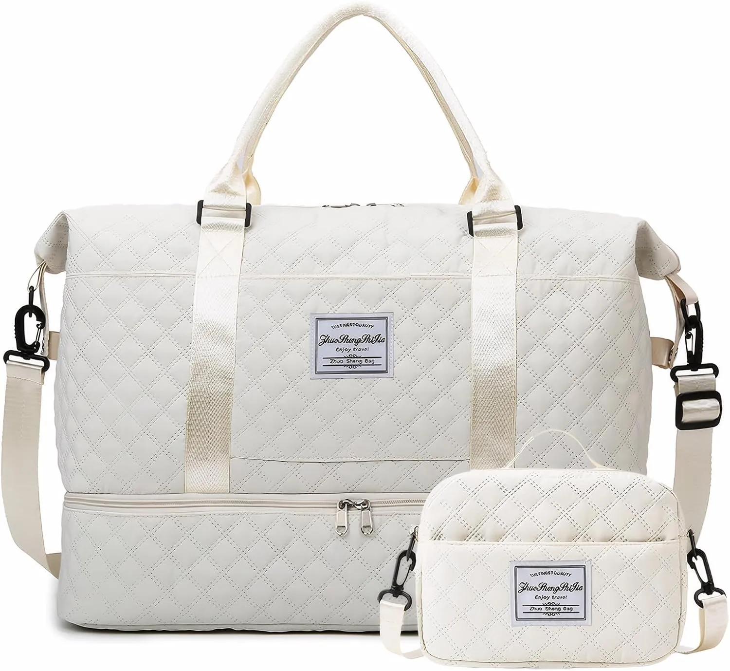 Travel Duffle Bag,Weekender Bags for Women with Shoe Compartment，Carry on Overnight Bag with Toiletry Bag,Gym Duffel Bag with Wet Pocket, Hospital Bags for Labor and Delivery (Beige-Large-3 Pcs)
