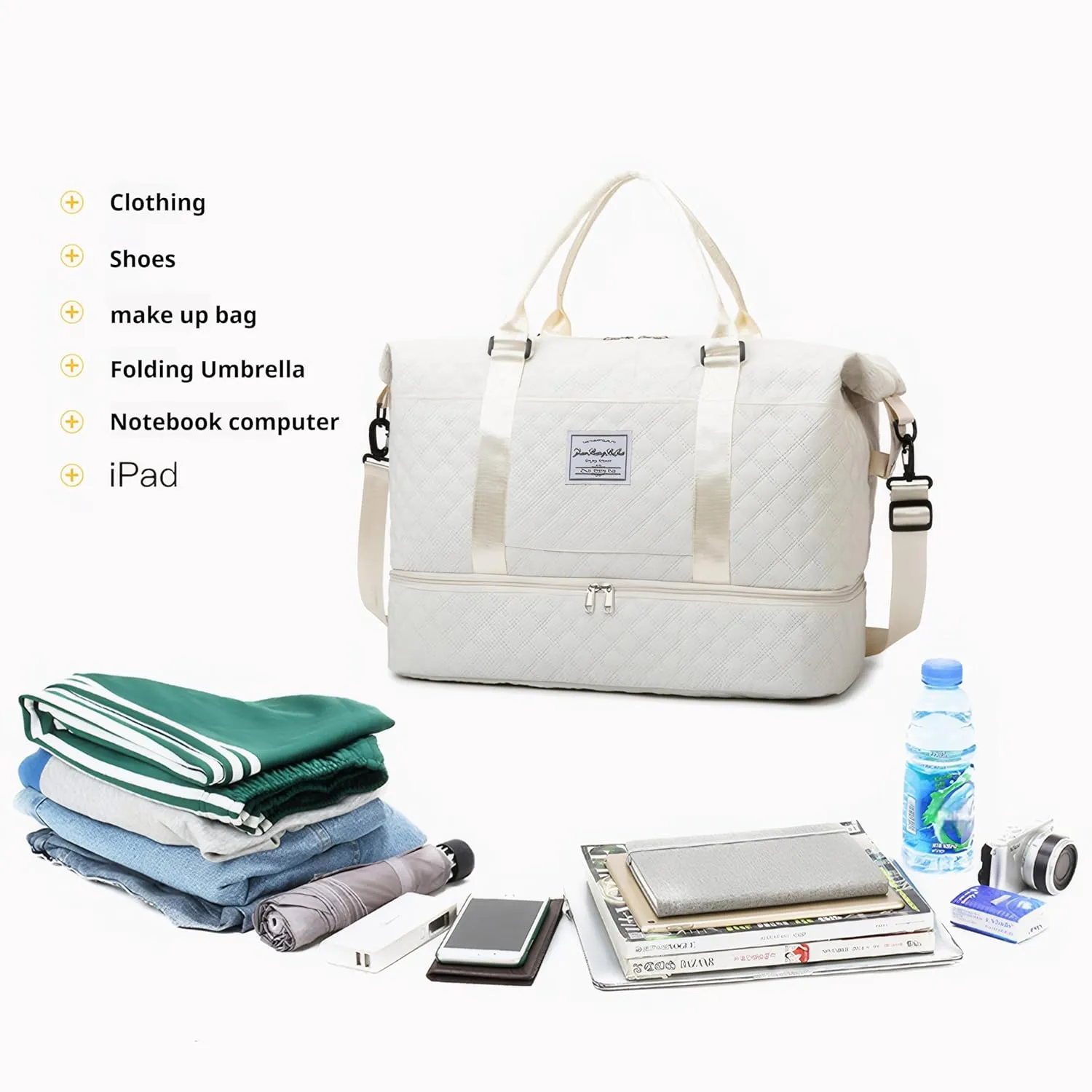 Travel Duffle Bag,Weekender Bags for Women with Shoe Compartment，Carry on Overnight Bag with Toiletry Bag,Gym Duffel Bag with Wet Pocket, Hospital Bags for Labor and Delivery (Beige-Large-3 Pcs)