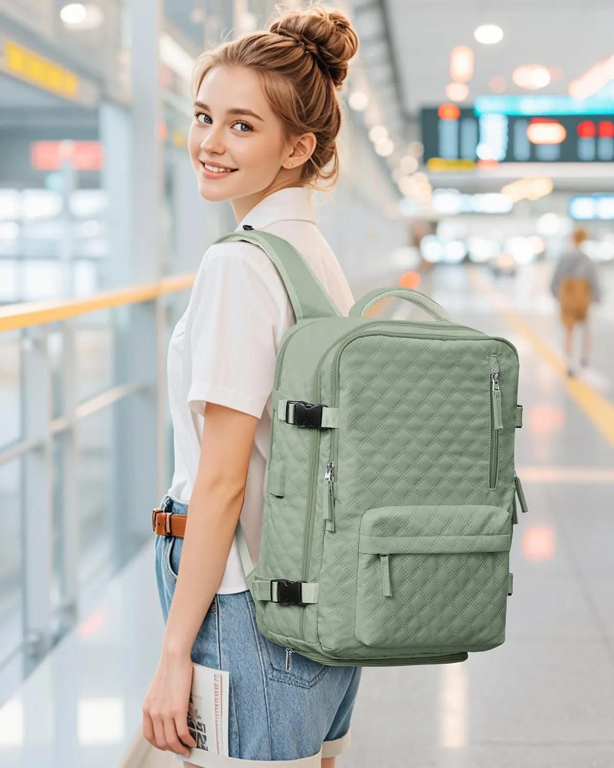 Travel Vacuum Storage Backpack with Air Pump Vacuum Seal Compression Space Saver Bags Clothing Vacpack Airback 18x14x8 inches Travel Bag Carry on Personal item Laptop Work Backpacks Women LightGreen