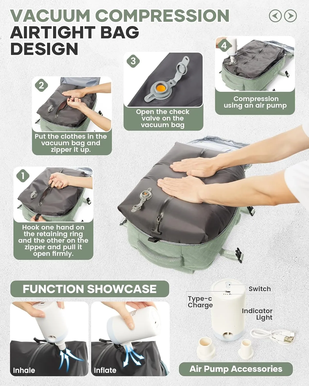 Travel Vacuum Storage Backpack with Air Pump Vacuum Seal Compression Space Saver Bags Clothing Vacpack Airback 18x14x8 inches Travel Bag Carry on Personal item Laptop Work Backpacks Women LightGreen