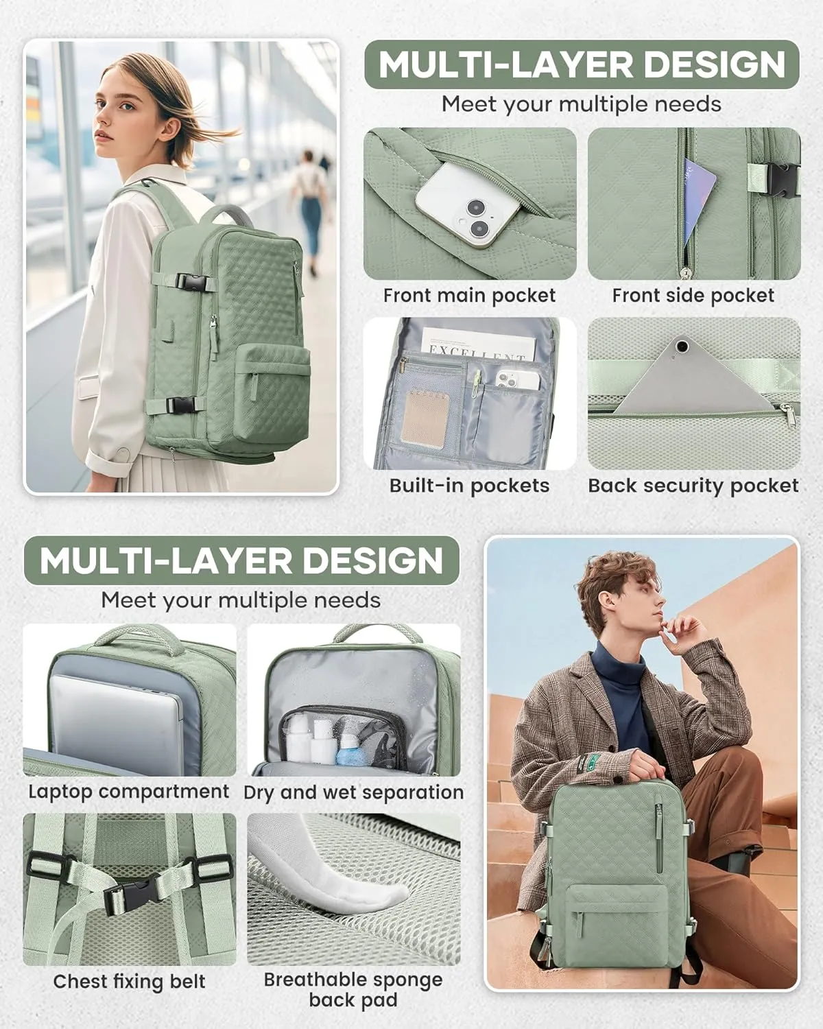 Travel Vacuum Storage Backpack with Air Pump Vacuum Seal Compression Space Saver Bags Clothing Vacpack Airback 18x14x8 inches Travel Bag Carry on Personal item Laptop Work Backpacks Women LightGreen