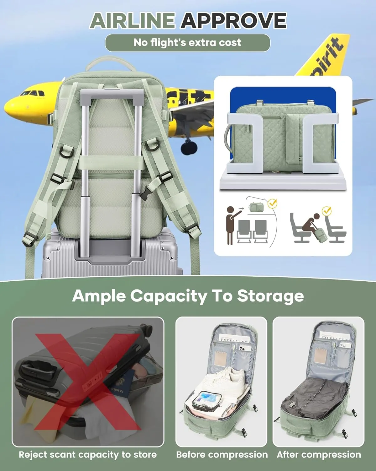 Travel Vacuum Storage Backpack with Air Pump Vacuum Seal Compression Space Saver Bags Clothing Vacpack Airback 18x14x8 inches Travel Bag Carry on Personal item Laptop Work Backpacks Women LightGreen