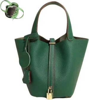 Trendy Plain Color Leather Handbag with Lock Design, Stylish Lock Design Bucket Bags, Leather Handbags for Women