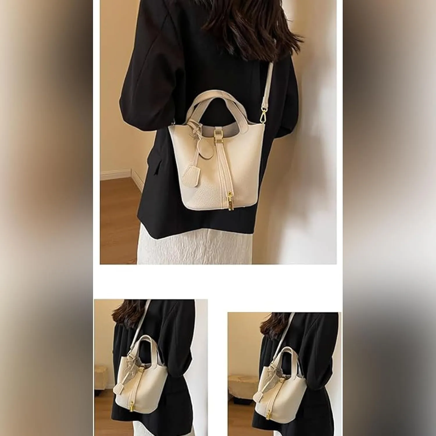 Trendy Plain Color Leather Handbag with Lock Design, Stylish Lock Design Bucket Bags, Leather Handbags for Women
