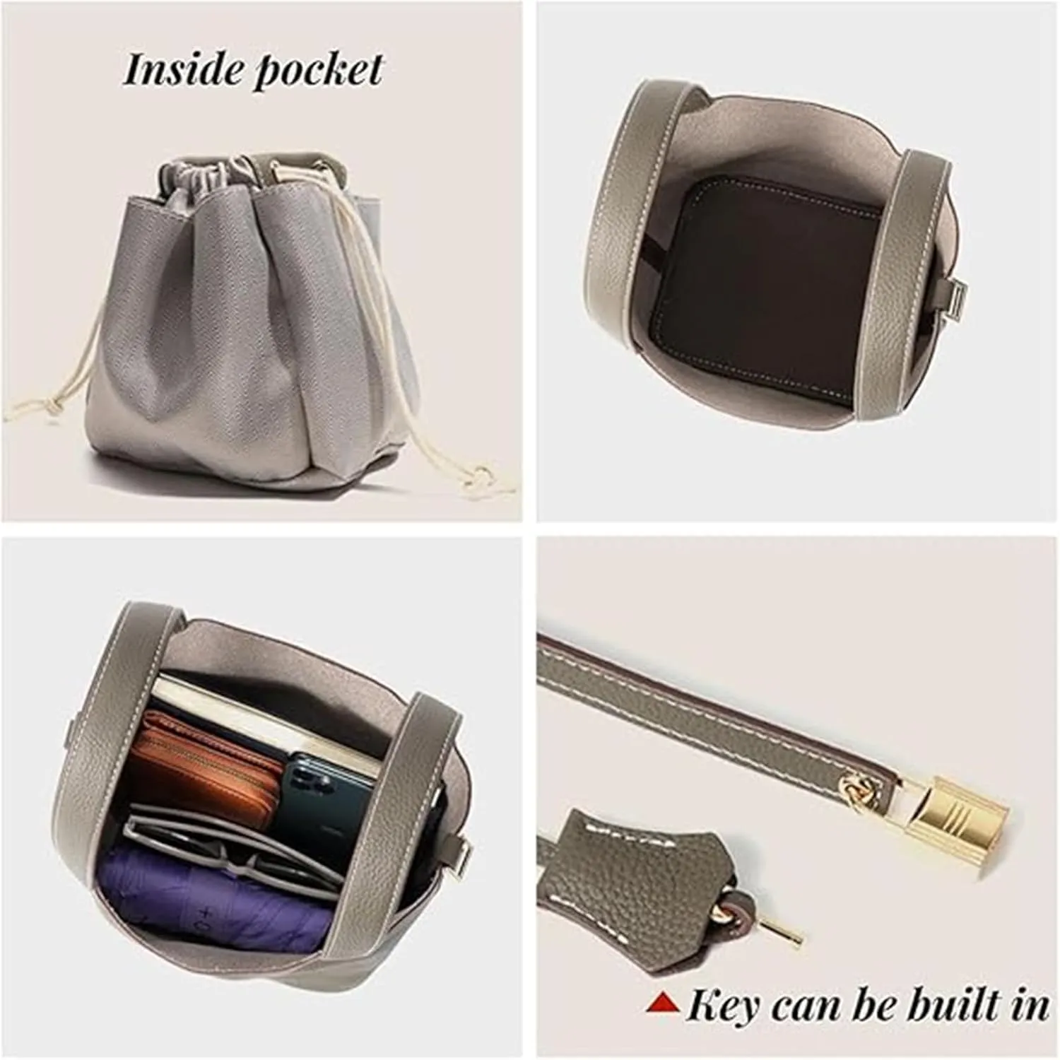 Trendy Plain Color Leather Handbag with Lock Design, Stylish Lock Design Bucket Bags, Leather Handbags for Women