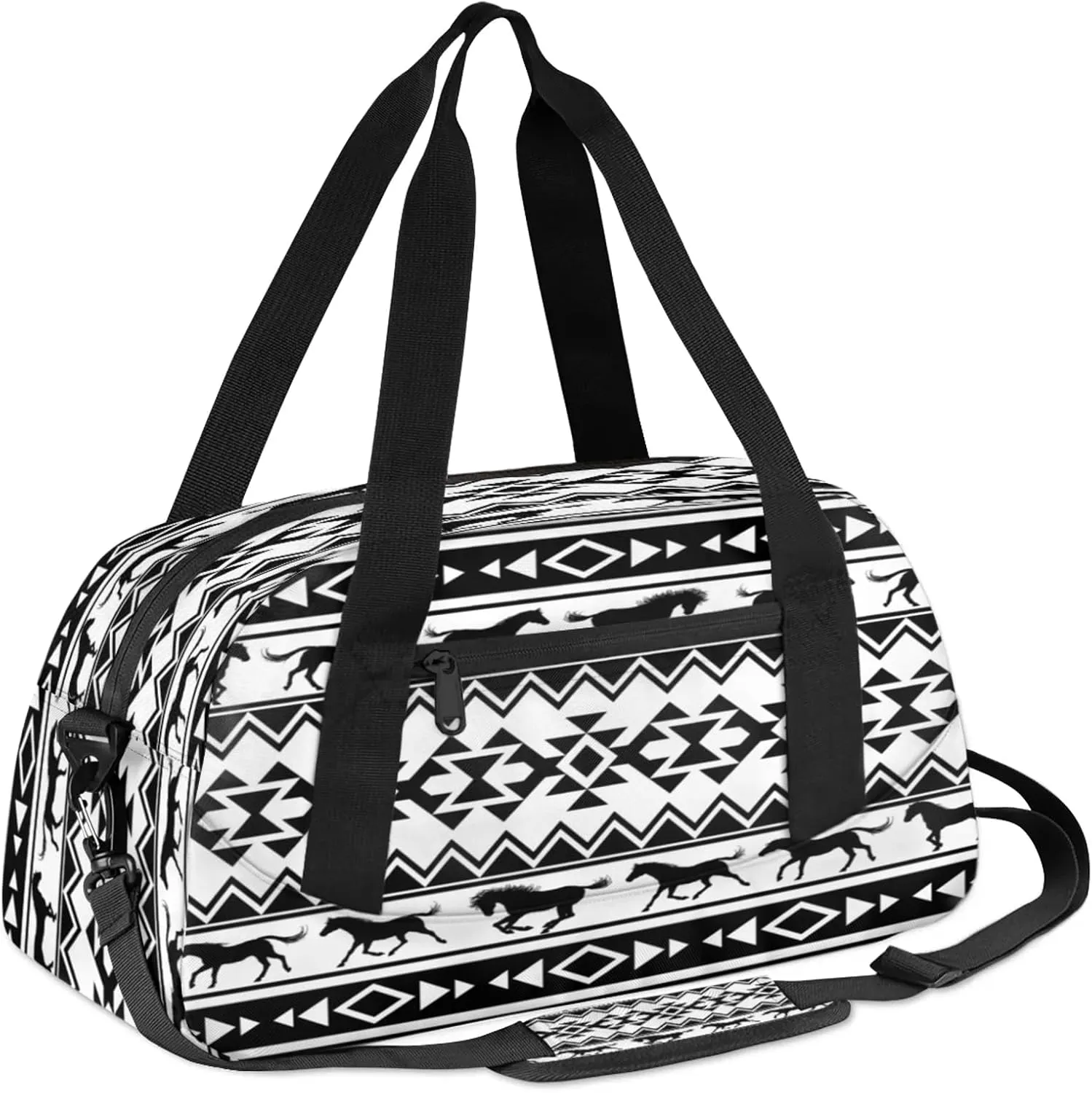Tribal Ethnic Horses Art Kids Duffel Bag Lightweight Waterproof Sports Gym Bag with Front Zipper Pocket Foldable Weekender Overnight Bag for School Practice Gymnastic Ballet