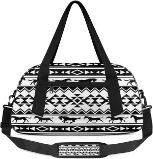 Tribal Ethnic Horses Art Kids Duffel Bag Lightweight Waterproof Sports Gym Bag with Front Zipper Pocket Foldable Weekender Overnight Bag for School Practice Gymnastic Ballet
