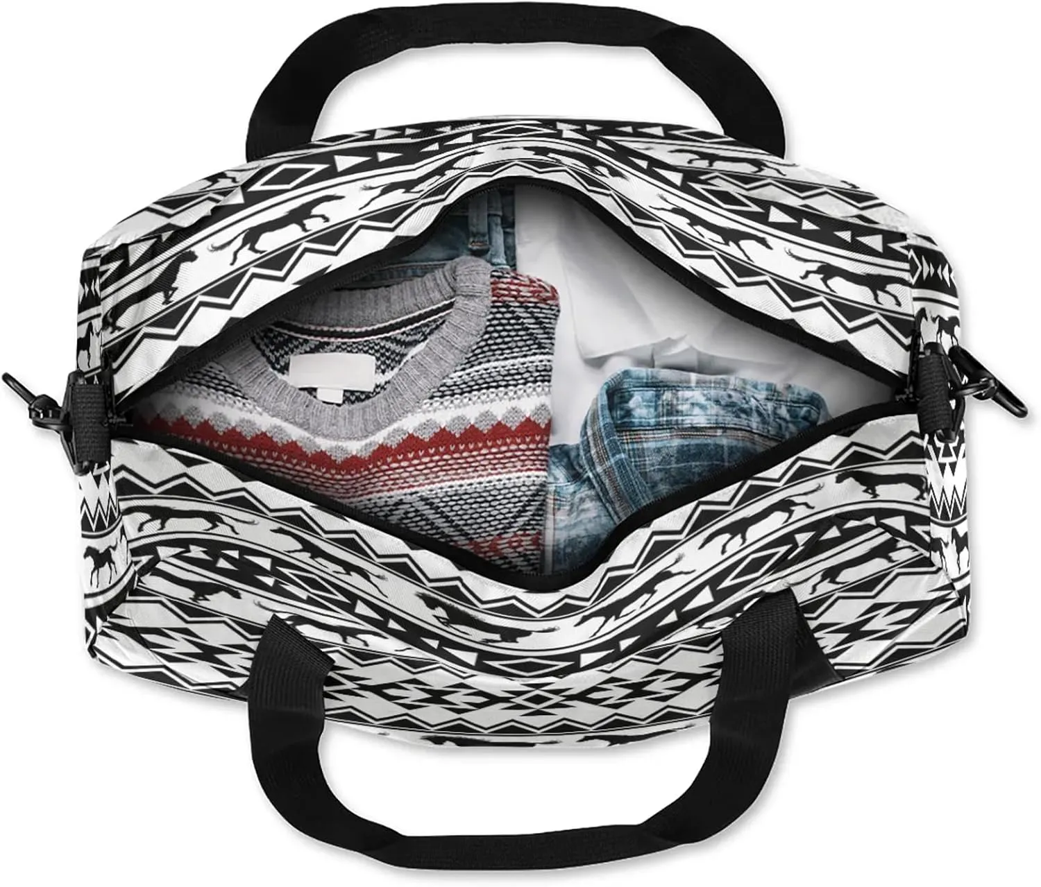Tribal Ethnic Horses Art Kids Duffel Bag Lightweight Waterproof Sports Gym Bag with Front Zipper Pocket Foldable Weekender Overnight Bag for School Practice Gymnastic Ballet