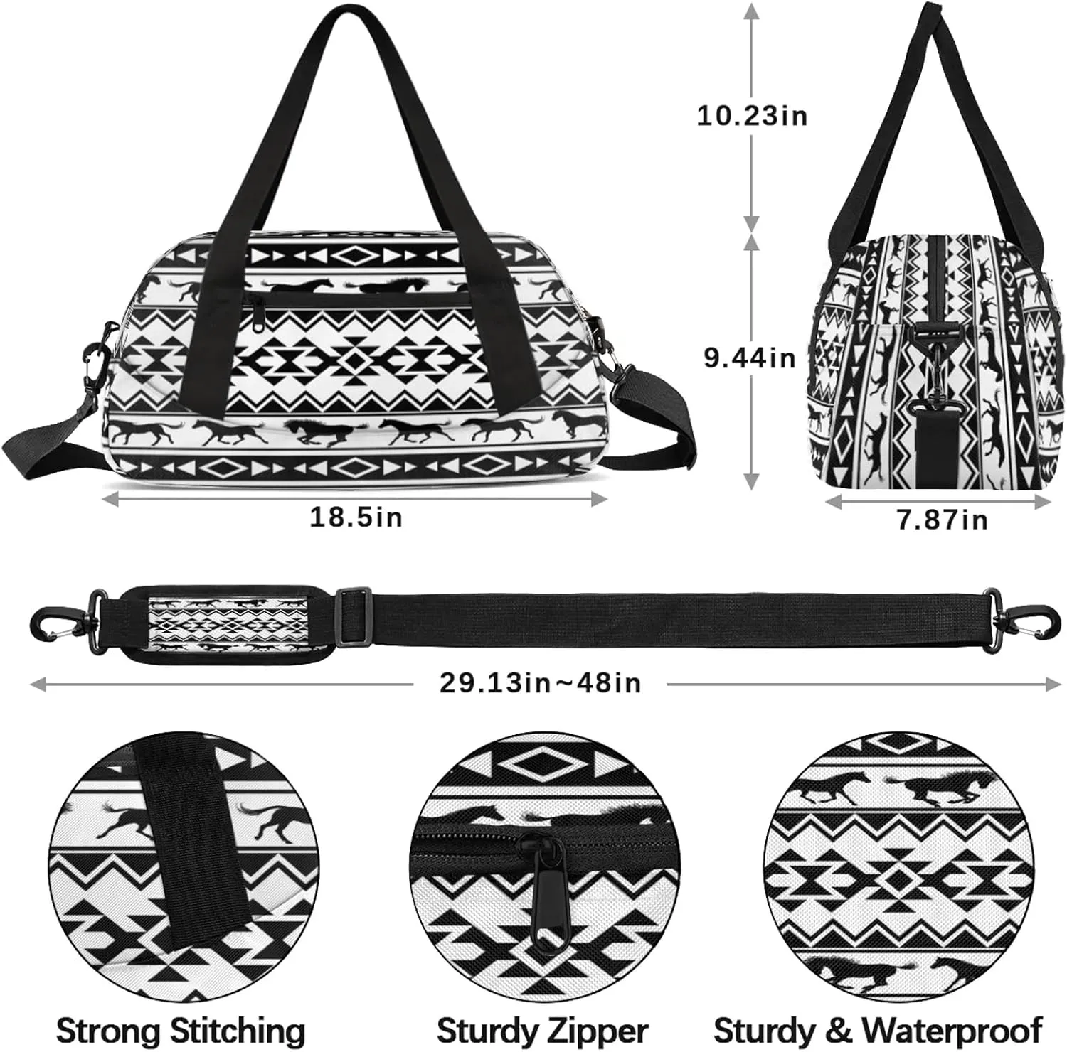 Tribal Ethnic Horses Art Kids Duffel Bag Lightweight Waterproof Sports Gym Bag with Front Zipper Pocket Foldable Weekender Overnight Bag for School Practice Gymnastic Ballet