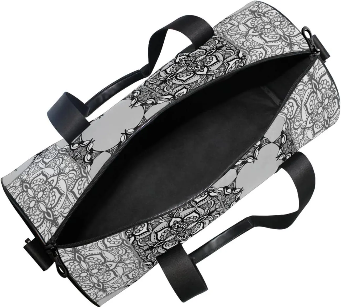 Tribal Moroccan Portuguese Tiles Ornaments Black White Pattern Duffel Bag, Foldable Canvas Travel Tote for Gym Sports with Inner Pockets, Durable Lightweight Fitness Bag for Overnight Workout