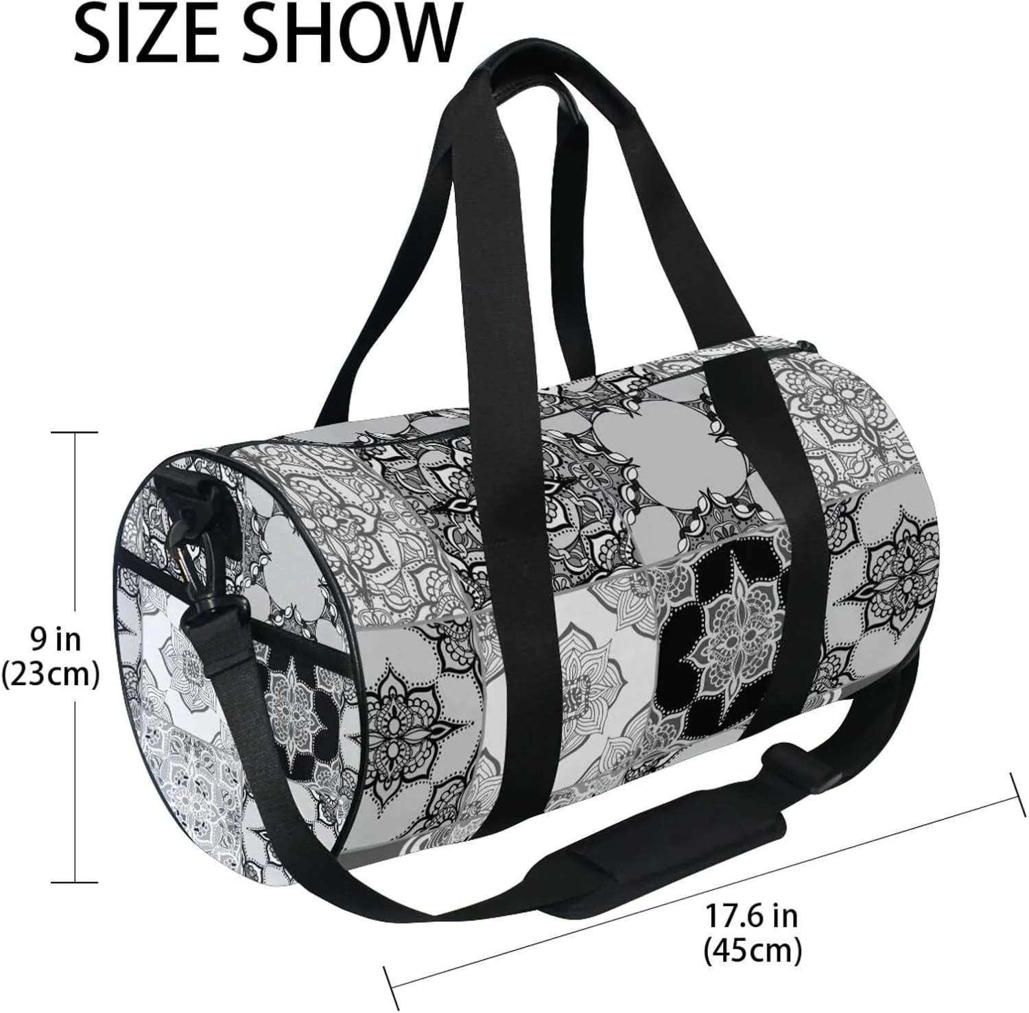 Tribal Moroccan Portuguese Tiles Ornaments Black White Pattern Duffel Bag, Foldable Canvas Travel Tote for Gym Sports with Inner Pockets, Durable Lightweight Fitness Bag for Overnight Workout