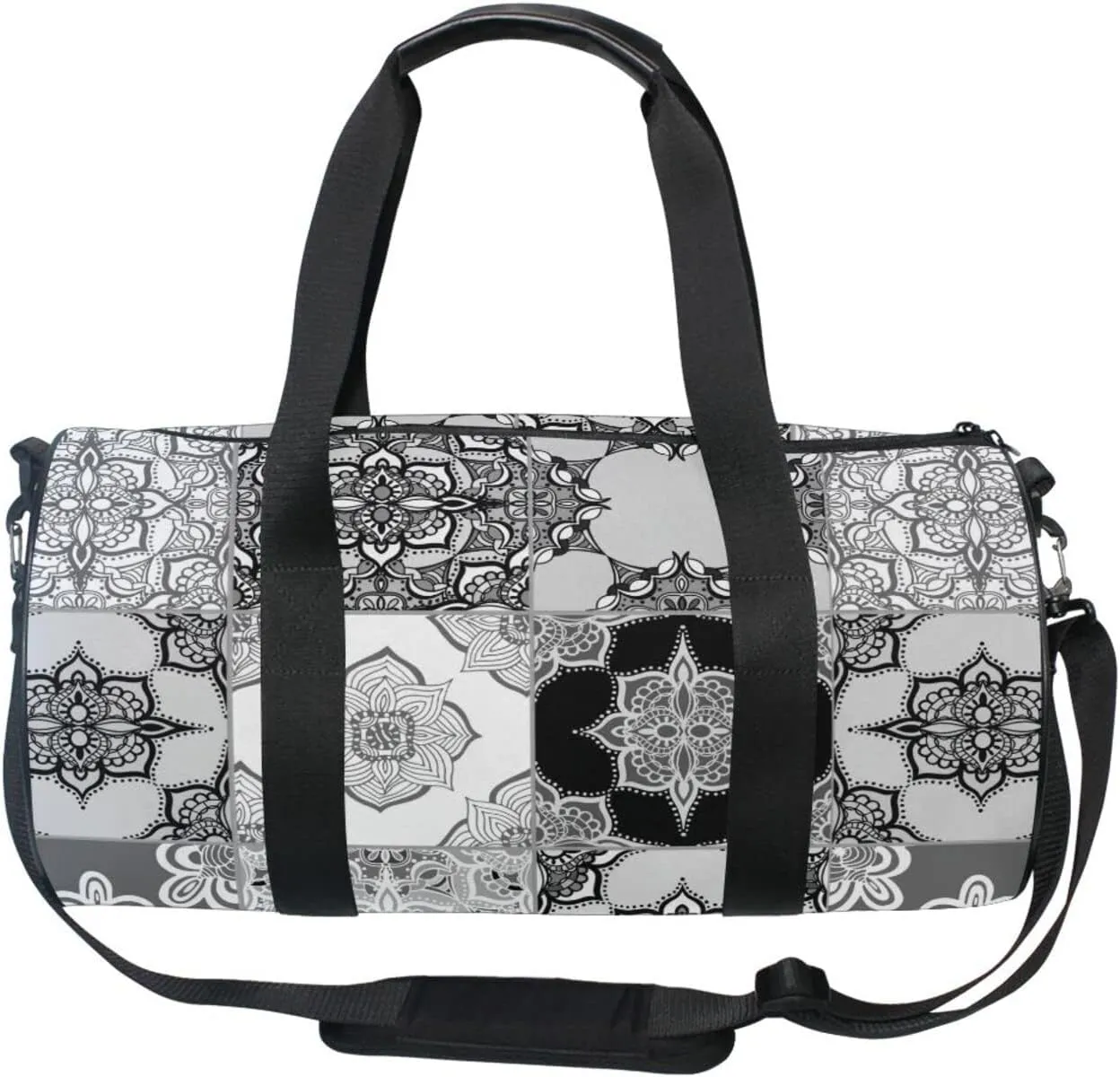 Tribal Moroccan Portuguese Tiles Ornaments Black White Pattern Duffel Bag, Foldable Canvas Travel Tote for Gym Sports with Inner Pockets, Durable Lightweight Fitness Bag for Overnight Workout