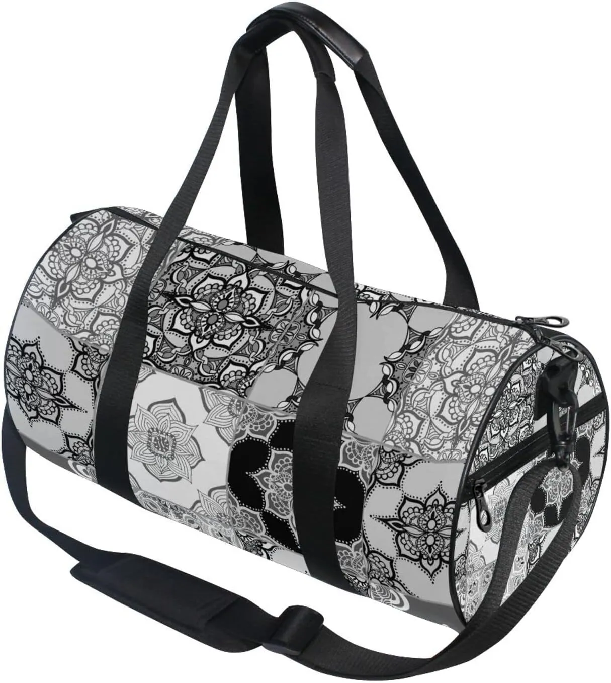 Tribal Moroccan Portuguese Tiles Ornaments Black White Pattern Duffel Bag, Foldable Canvas Travel Tote for Gym Sports with Inner Pockets, Durable Lightweight Fitness Bag for Overnight Workout