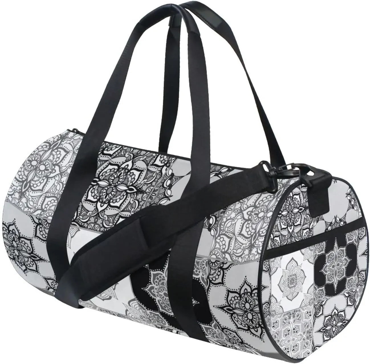Tribal Moroccan Portuguese Tiles Ornaments Black White Pattern Duffel Bag, Foldable Canvas Travel Tote for Gym Sports with Inner Pockets, Durable Lightweight Fitness Bag for Overnight Workout