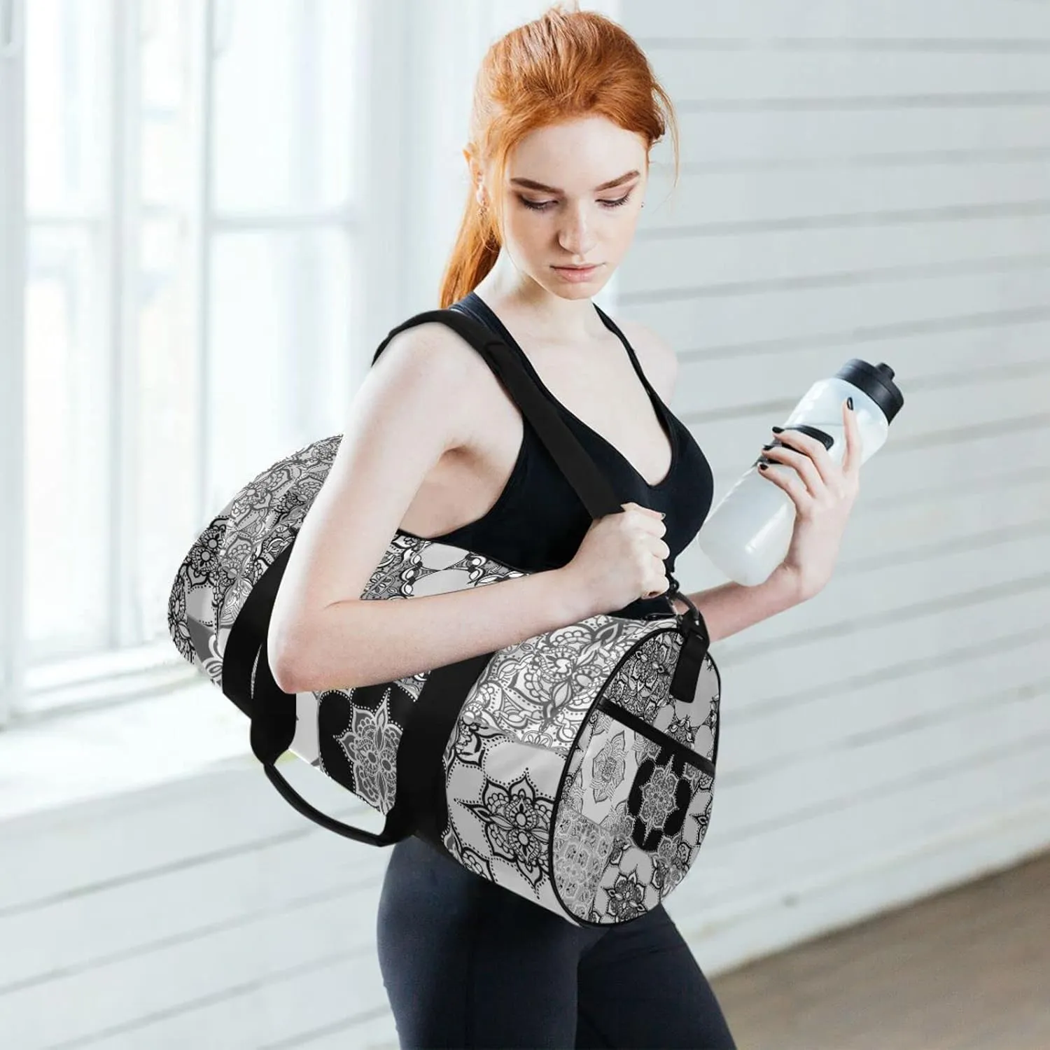 Tribal Moroccan Portuguese Tiles Ornaments Black White Pattern Duffel Bag, Foldable Canvas Travel Tote for Gym Sports with Inner Pockets, Durable Lightweight Fitness Bag for Overnight Workout