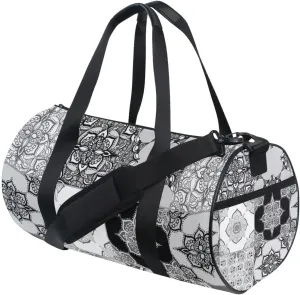 Tribal Moroccan Portuguese Tiles Ornaments Black White Pattern Duffel Bag, Foldable Canvas Travel Tote for Gym Sports with Inner Pockets, Durable Lightweight Fitness Bag for Overnight Workout