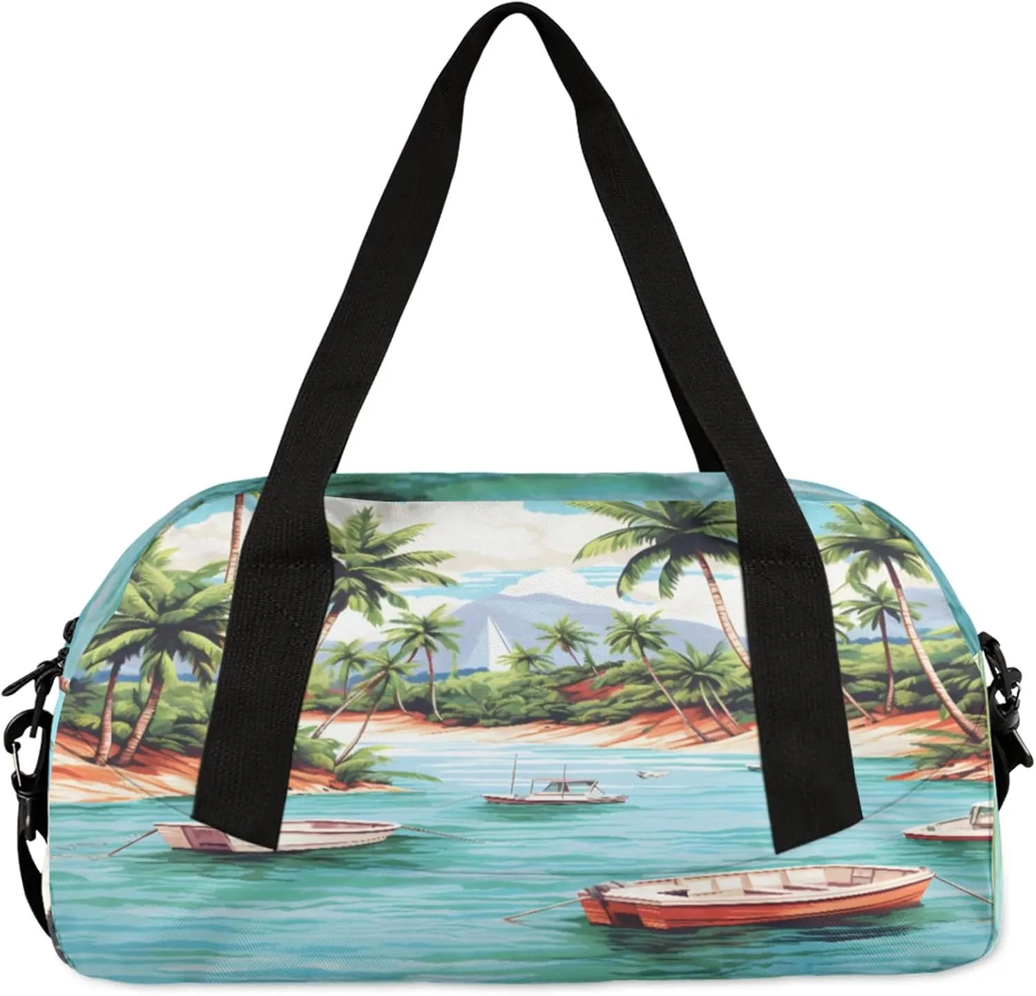 Tropical Beach Palm Tree Kids Duffel Bag Lightweight Waterproof Sports Gym Bag with Front Zipper Pocket Foldable Weekender Overnight Bag for School Practice Gymnastic Ballet