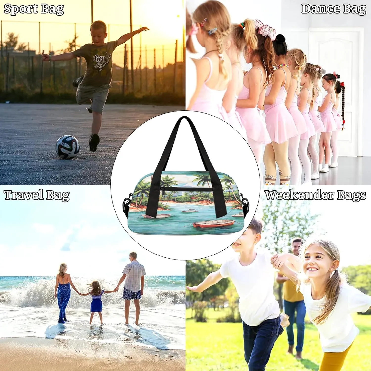 Tropical Beach Palm Tree Kids Duffel Bag Lightweight Waterproof Sports Gym Bag with Front Zipper Pocket Foldable Weekender Overnight Bag for School Practice Gymnastic Ballet