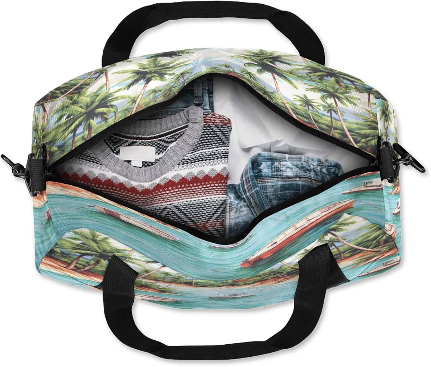 Tropical Beach Palm Tree Kids Duffel Bag Lightweight Waterproof Sports Gym Bag with Front Zipper Pocket Foldable Weekender Overnight Bag for School Practice Gymnastic Ballet