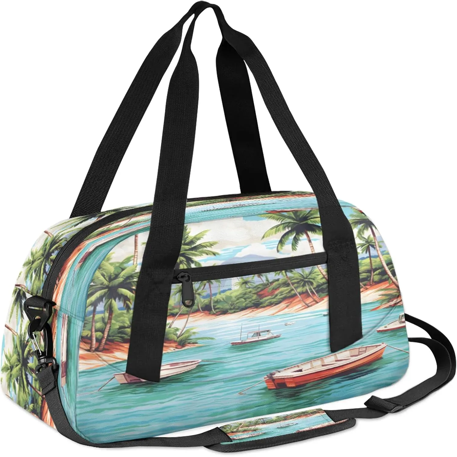 Tropical Beach Palm Tree Kids Duffel Bag Lightweight Waterproof Sports Gym Bag with Front Zipper Pocket Foldable Weekender Overnight Bag for School Practice Gymnastic Ballet
