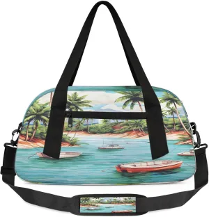 Tropical Beach Palm Tree Kids Duffel Bag Lightweight Waterproof Sports Gym Bag with Front Zipper Pocket Foldable Weekender Overnight Bag for School Practice Gymnastic Ballet