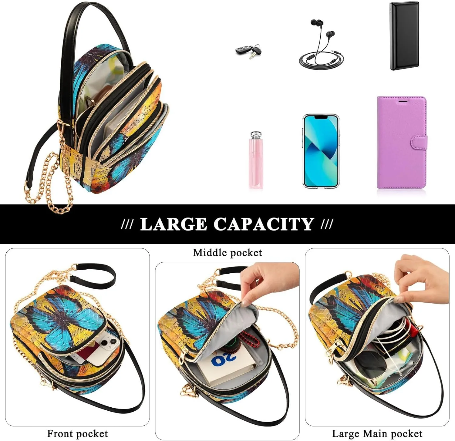 Tropical Beach Sunset with Vegetation Womens Crossbody Shoulder Bag, Three Zipper Crossbody Bags for Women