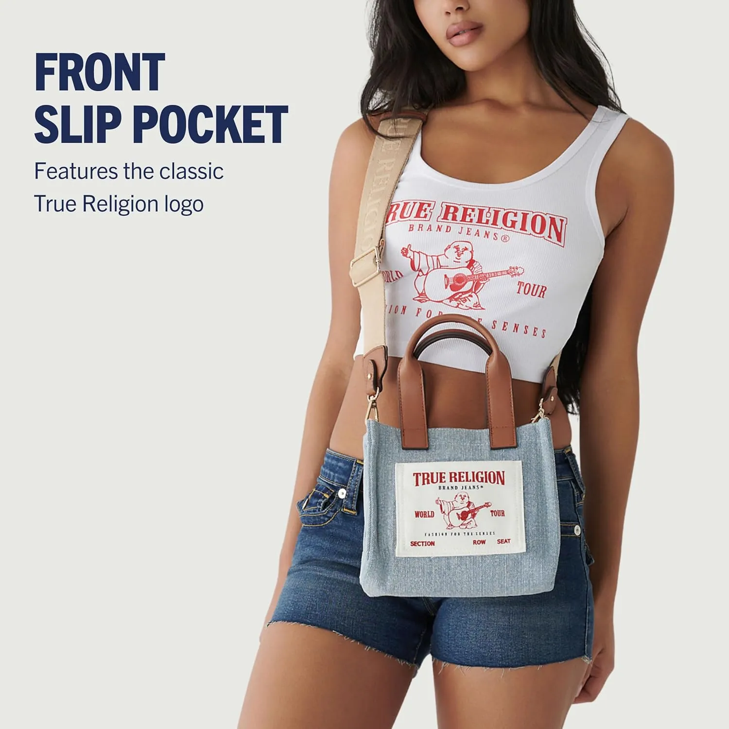 True Religion Tote Bag, Women's Mini Travel Shoulder Bag with Adjustable Strap
