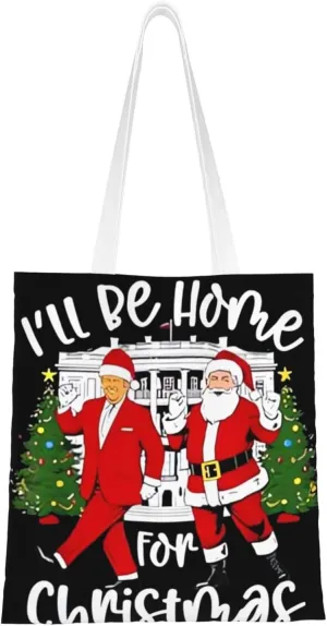 Trump 2024 I'Ll Be Home For Christmas Canvas Totes Bags Reusable Shopping Grocery Bags Handbag Shoulder Bag