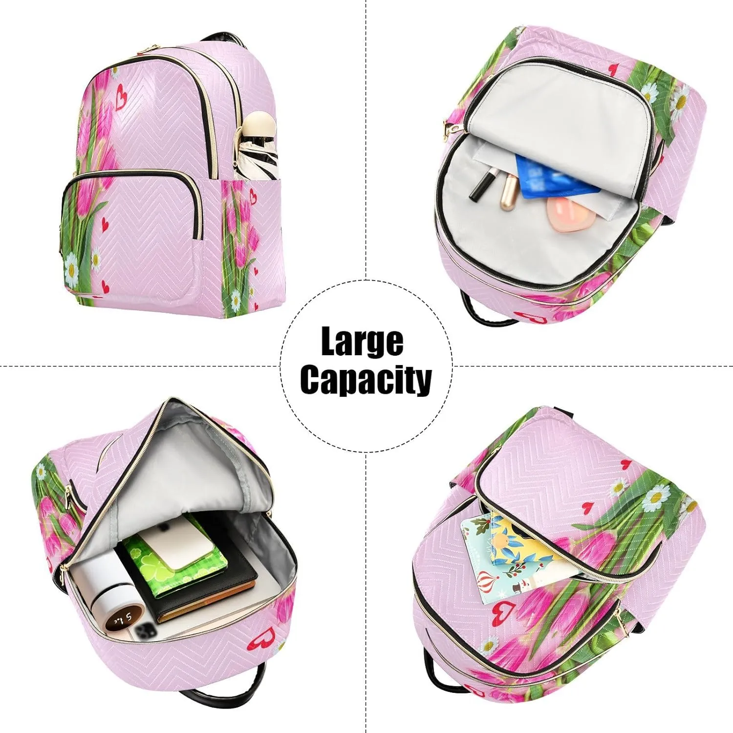 Tulips Heart Fuchsia Backpack Purse for Women Casual Backpacks with Anti-theft Back for Ladies S
