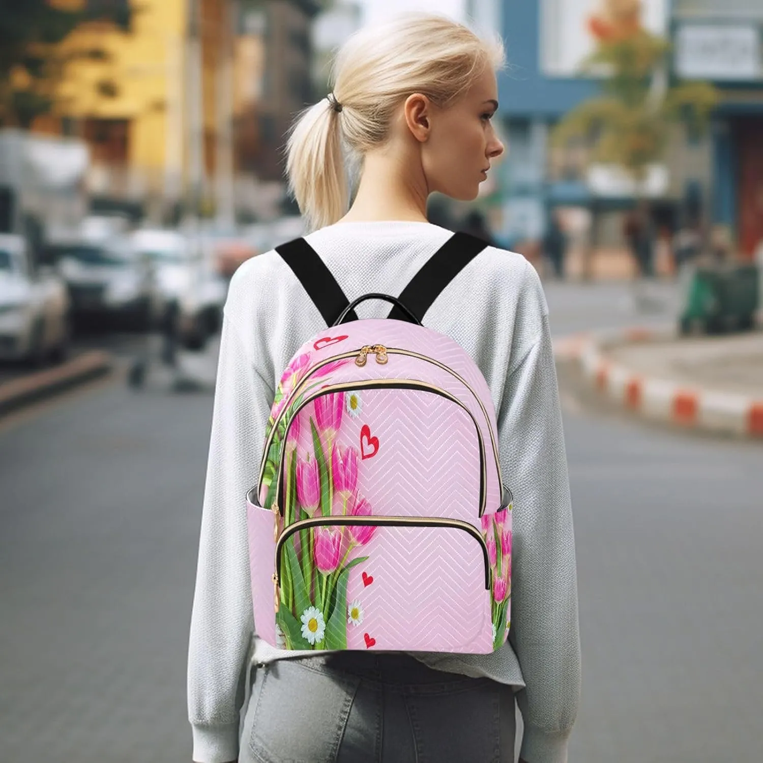 Tulips Heart Fuchsia Backpack Purse for Women Casual Backpacks with Anti-theft Back for Ladies S