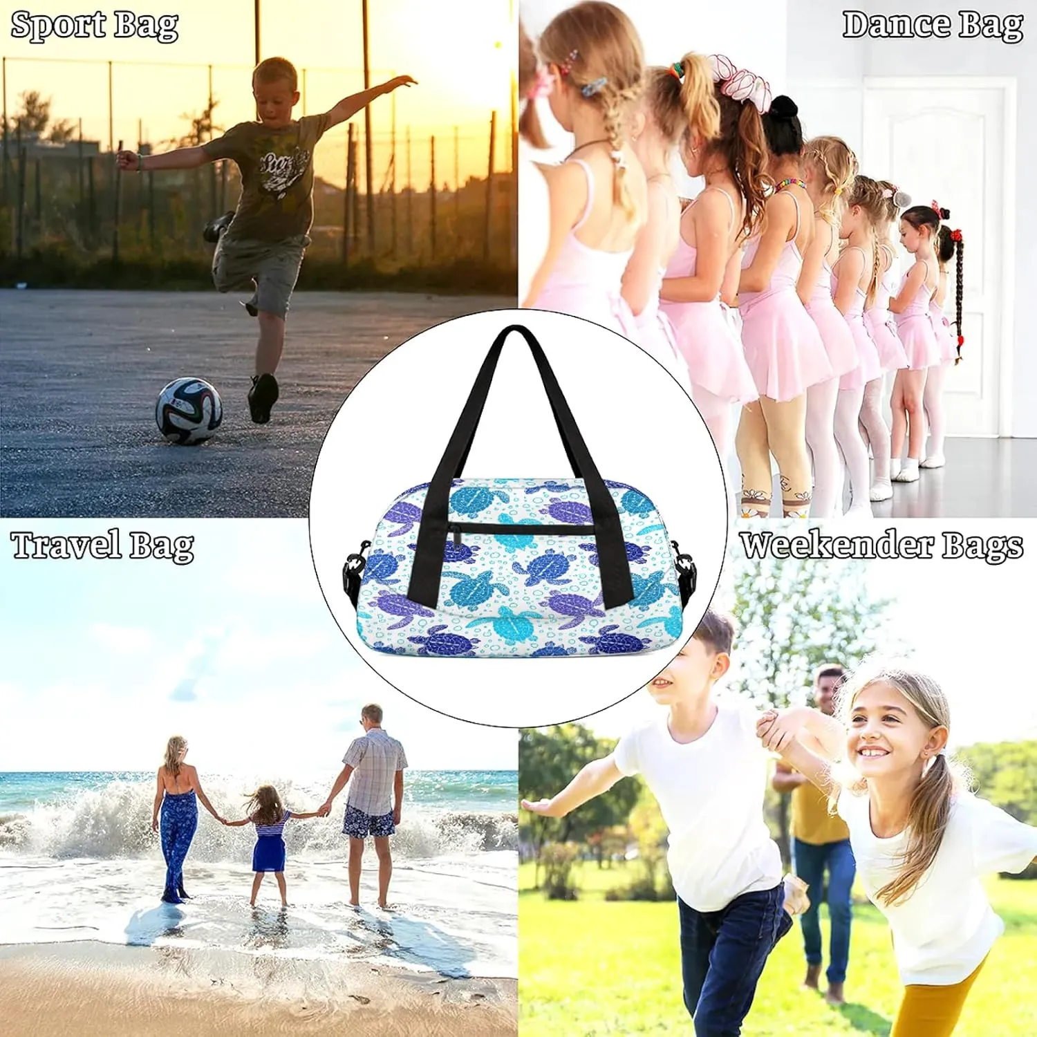 Turtle Pattern Kids Duffel Bag Lightweight Waterproof Sports Gym Bag with Front Zipper Pocket Foldable Weekender Overnight Bag for School Practice Gymnastic Ballet