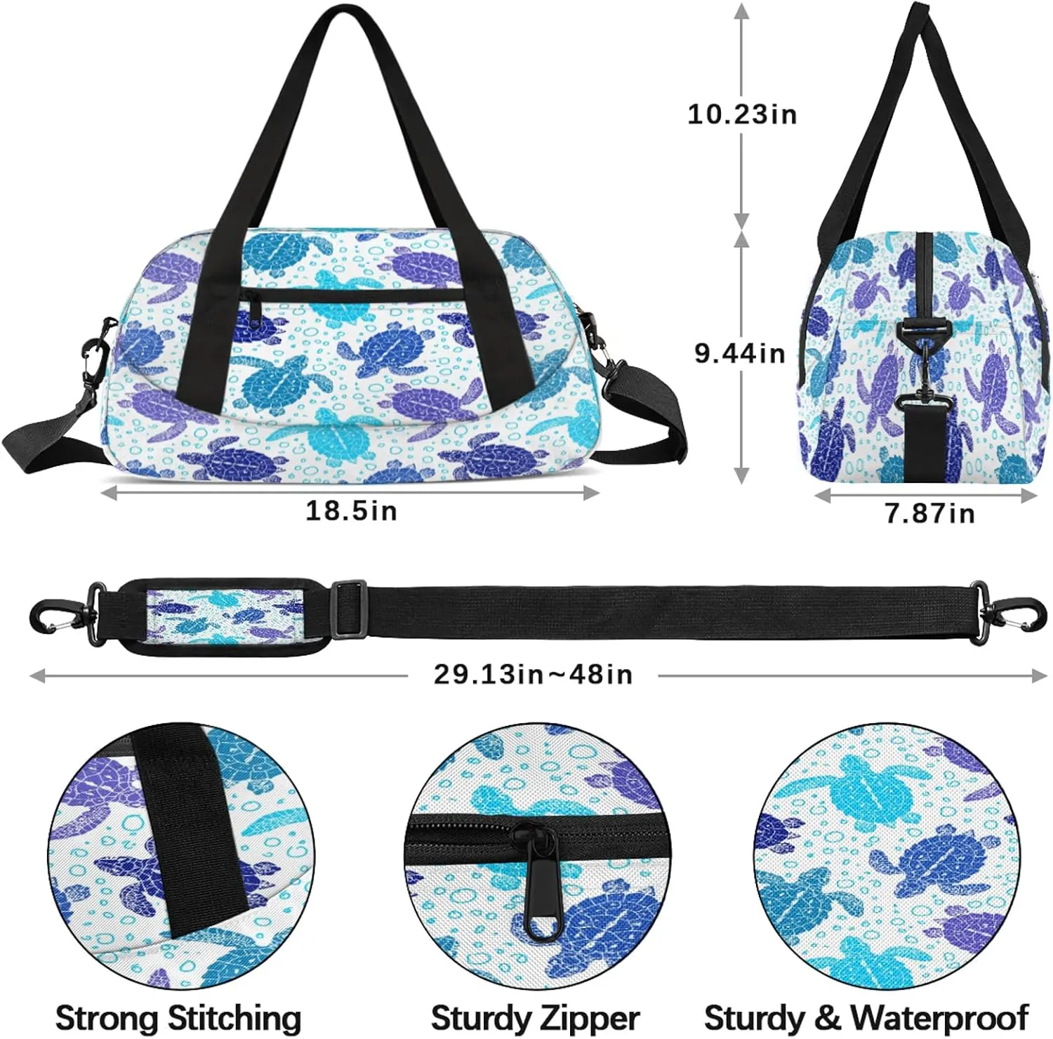 Turtle Pattern Kids Duffel Bag Lightweight Waterproof Sports Gym Bag with Front Zipper Pocket Foldable Weekender Overnight Bag for School Practice Gymnastic Ballet