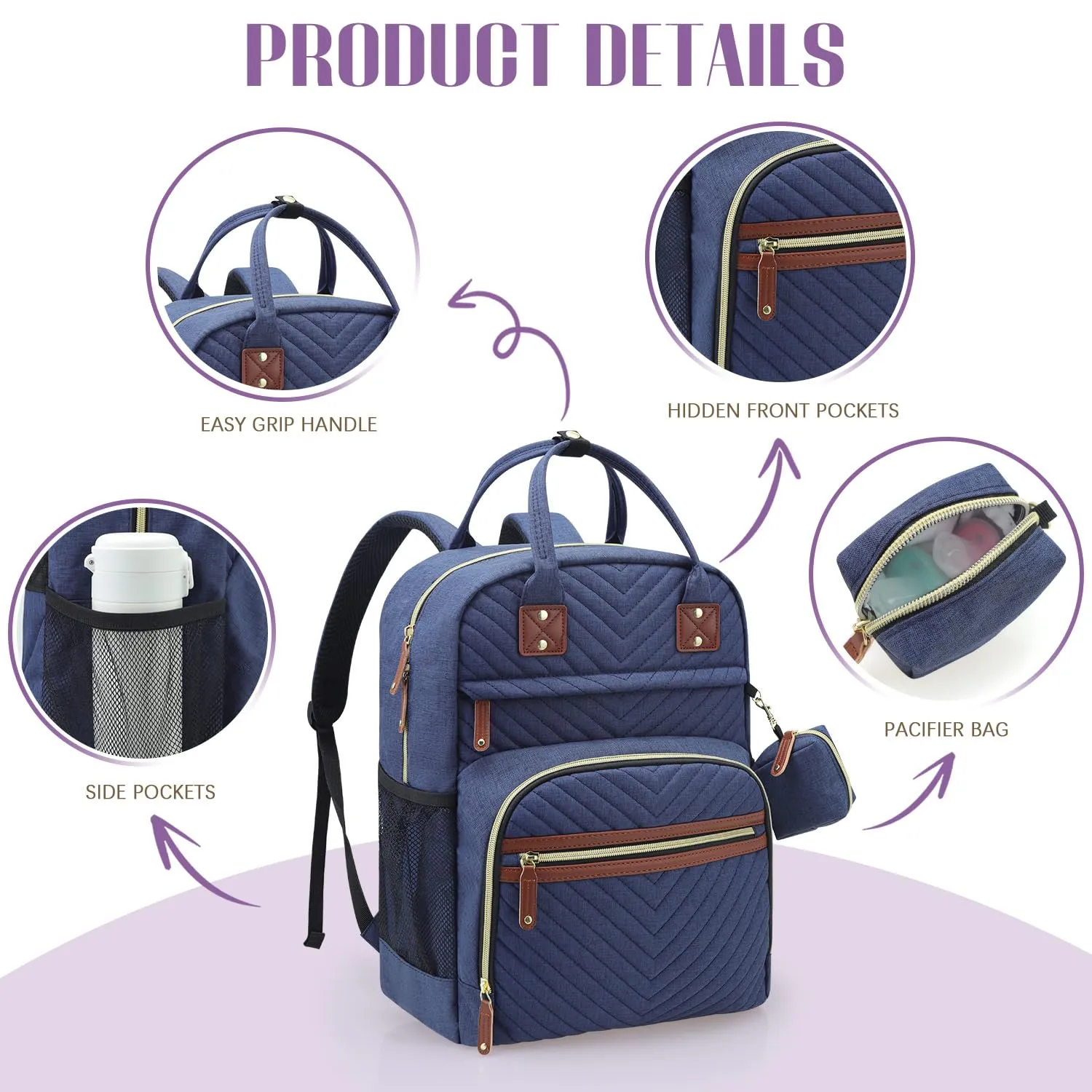 Tuwubi Diaper Bag Backpack, Baby Essentials Travel Tote Bag, Multi function Waterproof Backpacks, Travel Essentials with Stroller Straps & Pacifier Case - Blue