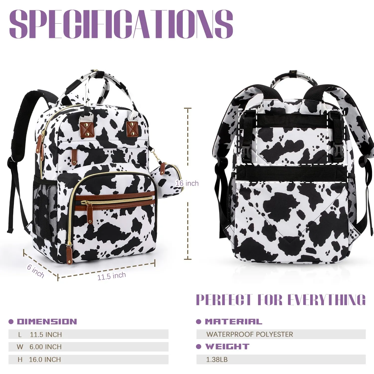 Tuwubi Diaper Bag Backpack, Baby Essentials Travel Tote Bag, Multi function Waterproof Backpacks, Travel Essentials with Stroller Straps & Pacifier Case - Cow Print