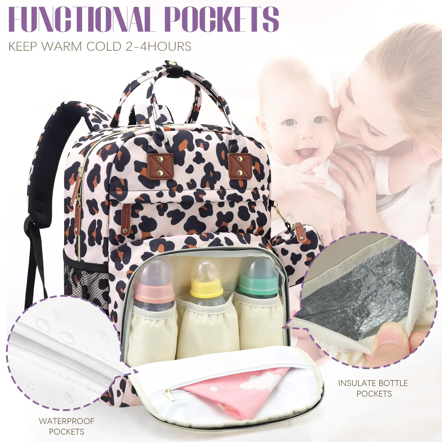 Tuwubi Diaper Bag Backpack, Baby Essentials Travel Tote Bag, Multi function Waterproof Backpacks, Travel Essentials with Stroller Straps & Pacifier Case - Leopard Print