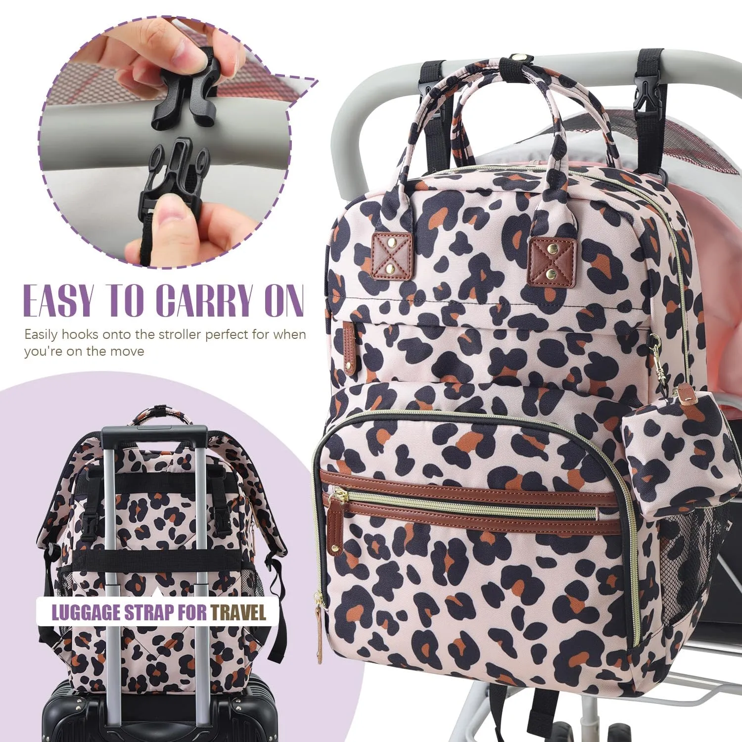 Tuwubi Diaper Bag Backpack, Baby Essentials Travel Tote Bag, Multi function Waterproof Backpacks, Travel Essentials with Stroller Straps & Pacifier Case - Leopard Print
