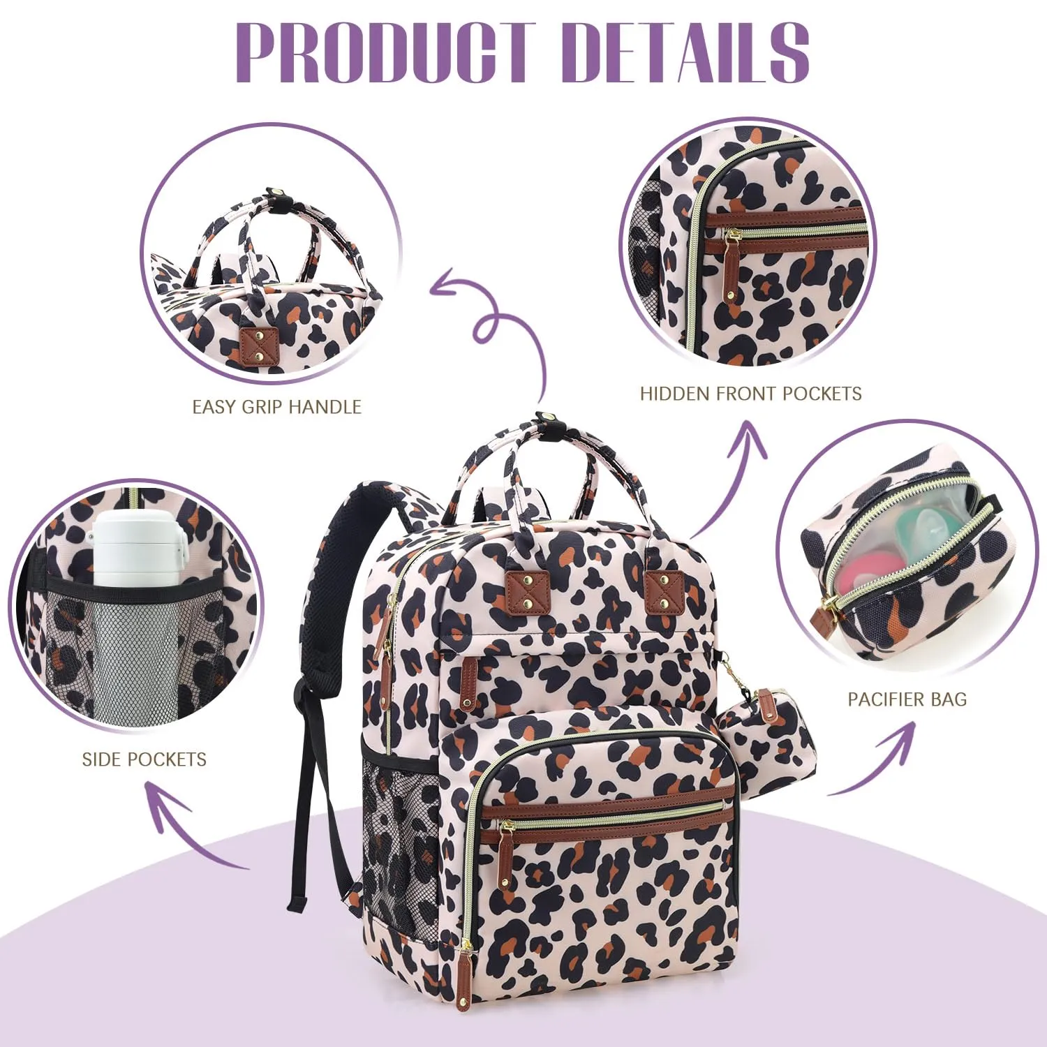 Tuwubi Diaper Bag Backpack, Baby Essentials Travel Tote Bag, Multi function Waterproof Backpacks, Travel Essentials with Stroller Straps & Pacifier Case - Leopard Print