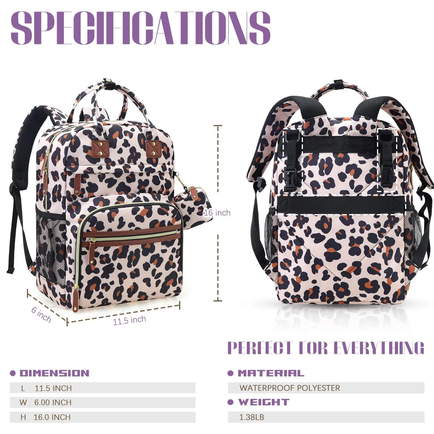 Tuwubi Diaper Bag Backpack, Baby Essentials Travel Tote Bag, Multi function Waterproof Backpacks, Travel Essentials with Stroller Straps & Pacifier Case - Leopard Print