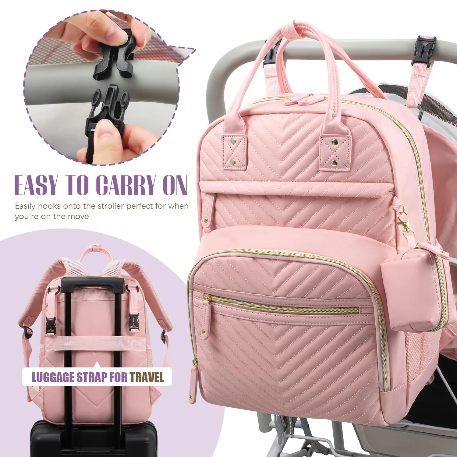 Tuwubi Diaper Bag Backpack, Baby Essentials Travel Tote Bag, Multi function Waterproof Backpacks, Travel Essentials with Stroller Straps & Pacifier Case - Light Pink