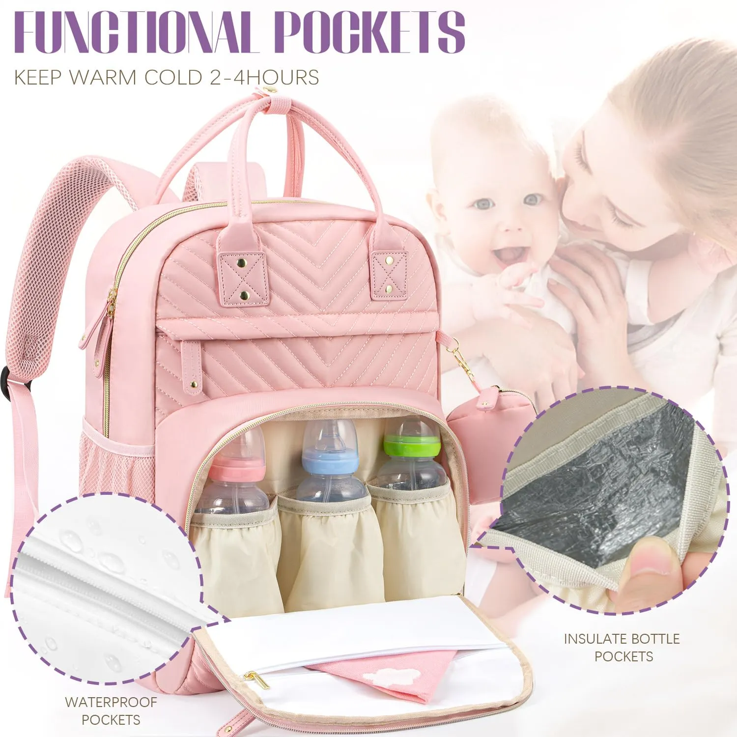 Tuwubi Diaper Bag Backpack, Baby Essentials Travel Tote Bag, Multi function Waterproof Backpacks, Travel Essentials with Stroller Straps & Pacifier Case - Light Pink