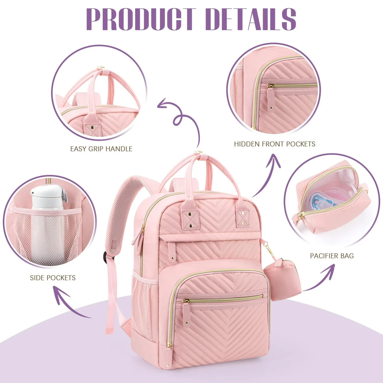 Tuwubi Diaper Bag Backpack, Baby Essentials Travel Tote Bag, Multi function Waterproof Backpacks, Travel Essentials with Stroller Straps & Pacifier Case - Light Pink